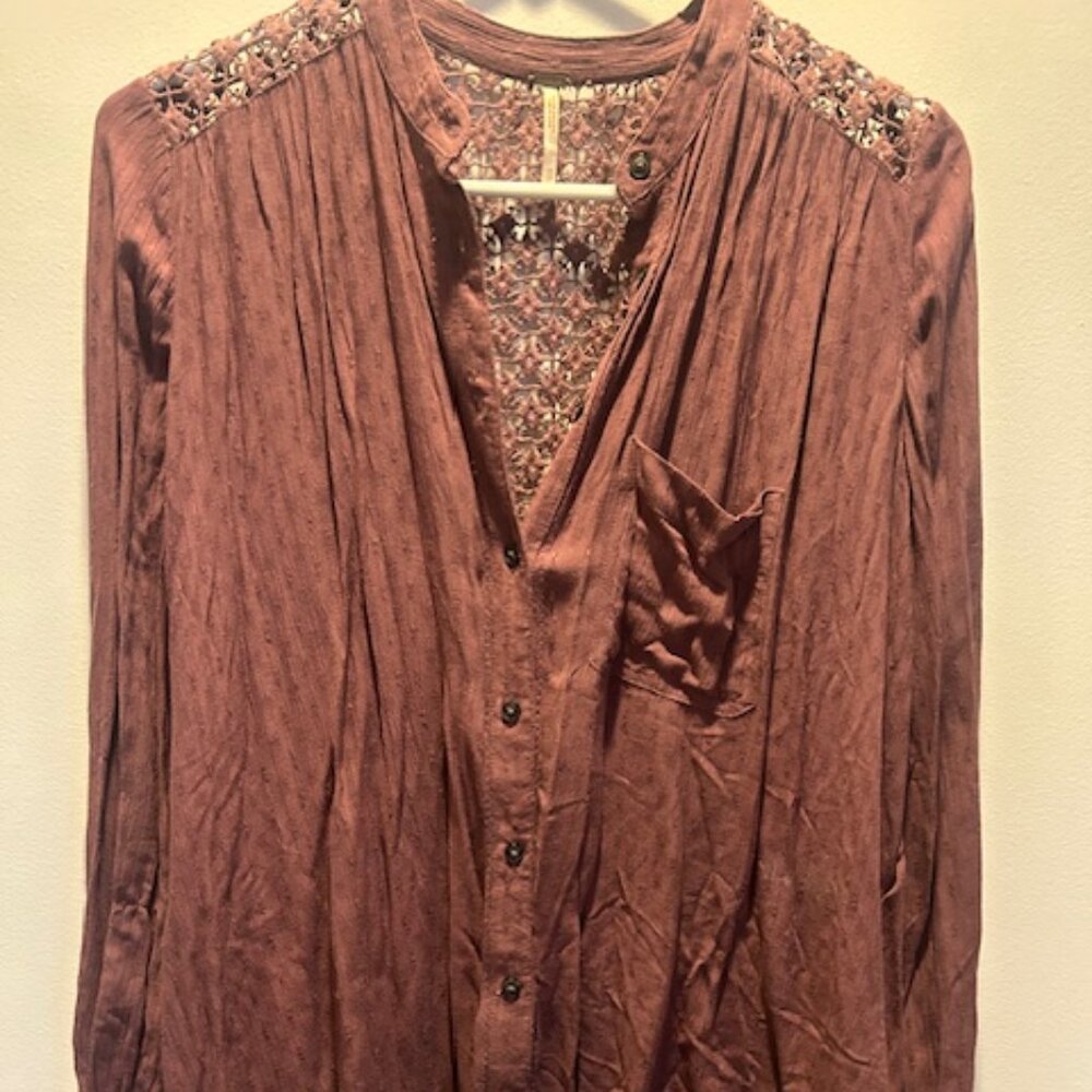 Free People Long Sleeve Top with Lace insert at Shoulders and Back - Maroon